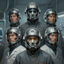 A painting of four technicians in the laboratory, character art, concept art, character design, sci-fi helmet, sci-fi mask, cinematic, dramatic composition, hyper detailed, matte painting, portrait, Bayard Wu, Greg Rutkowski, Cedric Peyravernay, Anato Finnstark, artstation, 8k