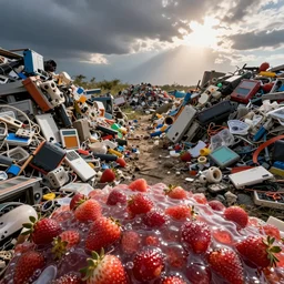 view from ground level of a landscape full of junkyards, garbage heaps and recycled electronic gear all covered in a thin layer of transparent strawberry jelly