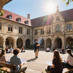 Strixhaven school for gifted magical beings, D&D fantasy, magical school, spells practice, bright day light sun, school courtyard, cinematic, lens flare, highly detailed, digital painting, trending on artstation, pixiv, concept art, sharp focus, illustration, art by Greg Rutkowski