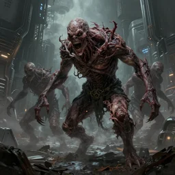 concept art by greg rutkowski, hideous and vicious monsters made of twisted flesh, roaming the colony, looking rabid, in a claustrophobic, futuristic and brutalist environment, frightening and creepy atmosphere, scifi, highly detailed portrait, digital painting, artstation, concept art, smooth, sharp foccus ilustration, artstation hq