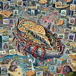 beautiful digital fantasy illustration of a layered pizza dream boat floating in the cubic space of cosmic terror, blobfish made of pizza on the beach, but it is a horrible mutated frightening gross pizza hybrid creature, realistic, ( crab ) covered in pizza with red mist coming out the pizza. unreal engine, epic scenery, national geographic, hungry hippos, by petros afshar and chiho aoshima