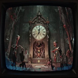 movie frame still from live action adaptation of clocktower, 8 k, vhs glitch, old tv, ultra wide angle, high contrast, zenith view, greg rutkowski, intrincate, highly detailed, ilm, oscar winning photography, grain, dramatic lighting, greg nicotero, horrifying movie, nightmare fuel, horror movie
