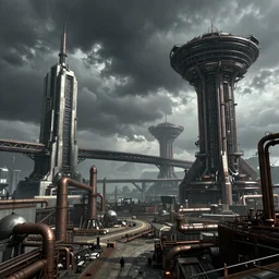 futuristic science-fiction landscape of the world of machines, huge mechanical towers buildings and bridges, ground full of factories and pipes, under a dark cloudy sky, in the style of Blade Runner