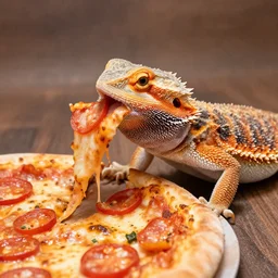 dslr portrait still of a bearded dragon eating a peperoni pizza, 8 k 8 5 mm f 1. 4