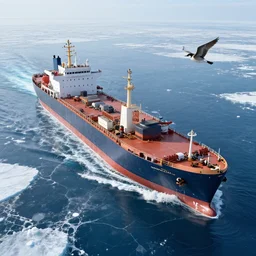 A little bird's flight over an enormous gigantic icebreaker-sityfortress sailing across an icy cold ocean. Masterpiece, cinematic, hyperdetailed, photorealistic, hyperrealism, octane rendering, 8k, aerial view