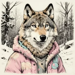 Beautiful portrait commission of an anthro anthropomorphic wolf wearing a cute cozy soft pastel winter outfit winter Atmosphere. detailed, inked, western comic book art, award winning painting