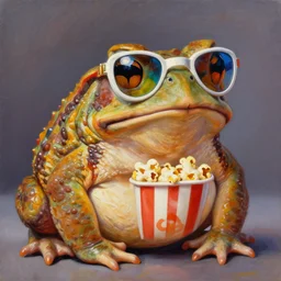 hyper realistic oil painting of a fat toad in anaglyph glasses with popcorn pot, vibrant colors, high contrast, by greg rutkowski, trending on artstation