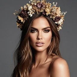 fine art photo of the beauty goddess adriana lima, she has a crown of dried flowers, by oleg oprisco