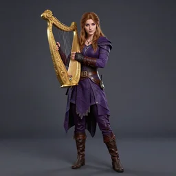 Full body Portrait of a beautiful young bard lady, carrying an onrnamental Golden lyre, light borwn hair, White skin, dark Blue eyes, purple leather garments, leather boots, fingerless gloves, detailed face, gorgeous expression, european, high fantasy, magic music, dungeons and dragons, blizzard entertainment, industrial light and magic, pixar, mucha, trending on Artstation, artstationHD, artstationHQ, HD, 16K