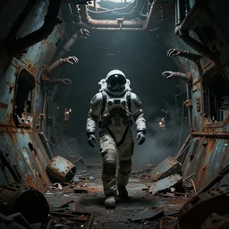 horror movie scene with moody colors of an individual in futuristic space suit walking through a broken down deep space mining space station, full body character portrait, the walls are rusted metal, broken pipes come out of the walls like hands birds eye view, dark colors, tense atmosphere, mist floats in the air, amazing value control, dead space, moody colors, dramatic lighting, frank frazetta