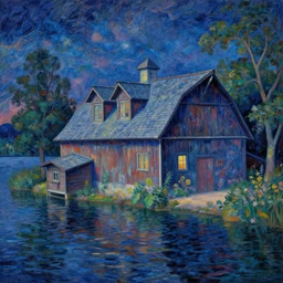 a beautiful detailed highly detailed architecture housebarn by georges seurat, at night synthwave lake, archdaily, wallpaper, highly detailed, trending on artstation.