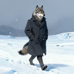 an anthropomorphic wolf man wearing a long coat walking across a glacier, hands in pockets, blizzard, character illustration by Aaron Miller, Greg Rutkowski, thomas kinkade, Howard Pyle, disney, El Greco, Cynthia Sheppard