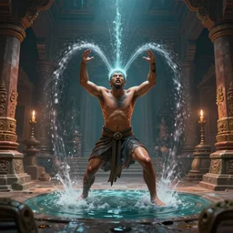 a man cast a water spell inside a temple, artstation