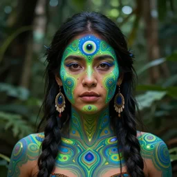 a beautiful indigenous female shaman with a third eye in the jungle, face painted in green and blue, fractals, visionary art, psychedelic art, beautiful colors, matte painting, by christophe vacher