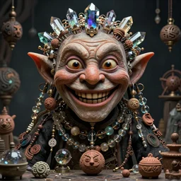 hyper realistic portrait of postapocalyptic evil smiling grining muppet - like elf goblin, glass beads, clay amulets, magic artifacts, trinkets, cinematic, symmetric, dark crystal, artstation, cgsociety, alan lee, jean baptiste monge, scott radke