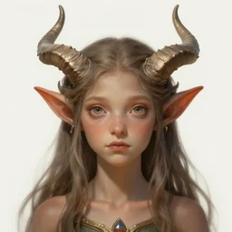 cute Whimsical Tiefling Druid with cute horns , light-brown skin,  D&D, fantasy, portrait, highly detailed, digital painting, artstation, concept art, sharp focus, illustration, art by greg rutkowski and alphonse mucha
