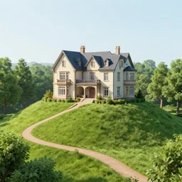 a 3 story hunted mansion on a giant hill, winding path, forest.