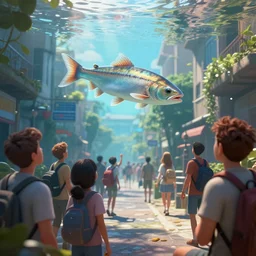 fish swimming above the streets, amazed pedestrians watching, octane render, digital art, artstation