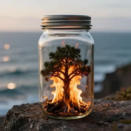 glass jar with a tree on fire inside, standing on a cliff, bokeh, ocean in the background, metal lid, dramatic lighting, hyperrealistic, highly detailed, sharp focus