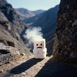 a photograph peeping from afar, very small stay puft marshmallow man with cursed face, exploting, trough the mountains, very detailed focused photography cinematic lighting, sun and shadows, taken by martin parr, saturated colour photo kodachrome