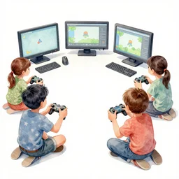 watercolor of a group of kids playing a video game, sharp focus, smooth, digital illustration, by james jean, by rossdraws, frank franzzeta, mcbess, sakimichan