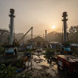 creepy view into abandoned theme park with many attractions, fog, rain, volumetric lighting, beautiful, golden hour, sharp focus, highly detailed, cgsociety