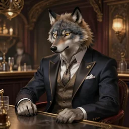 photograph of a male anthropomorphic wolf fursona wearing a ritzy suit at a bar, deep focus, intricate, elegant, highly detailed, digital painting, artstation, concept art, matte, sharp focus, illustration, d & d, fantasy, hearthstone, art by artgerm and greg rutkowski and alphonse mucha