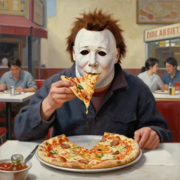 painting of Michael Myers eating a delicious pizza in a traditional Italian restaurant, sunny, happy, sharp focus, wide shot, trending on ArtStation, masterpiece, by Greg Rutkowski, by Ross Tran, by Fenghua Zhong, octane, soft render, oil on canvas, colorful, cinematic, environmental concept art