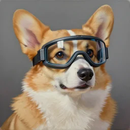 a painting of a corgi wearing a cyberpunk augmented reality visor by artgerm, highly detailed, oil on canvas