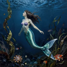 a mermaid swimming deep underwater amongst seaweed and sea creatures, mermaid, high detailed beksinski painting, part by adrian ghenie and gerhard richter. art by takato yamamoto. masterpiece, dark and moody, deep colours, blue