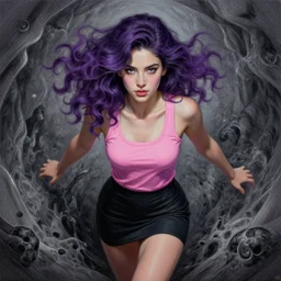 beautiful girl with wavy dark purple hair and pink tank top and black miniskirt coming out of the abyss, ultrafine hyperrealistic fantasy oil painting, art by ida outhwaite and loish, trending on artstation, intricate linework, sharp focus, smooth, unreal engine, dramatic lighting, 8 k