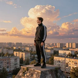 Man in black adidas tracksuit looking atop of a urban plateau filled with soviet apartment buildings, golden hour, dreamy, beautiful clouds, ultra detailed beautiful lighting, 4k, wallpaper, russian cityscape, beautiful artwork by Makoto Shinkai