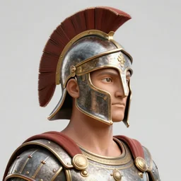 close - up portrait ancient athenian warrior with helmet and armor, realistic image, 3 d effect