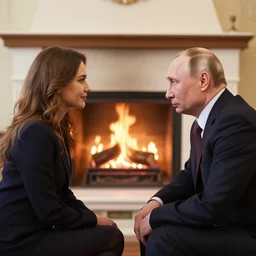 vladimir putin in a waistcoat staring at a log fire jelious girlfriend, 1 5 0 mm lighting effect