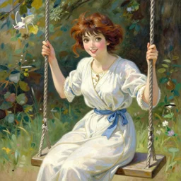 a detailed portrait of an anime woman sitting on swing, smiling, painting by gaston bussiere, craig mullins, j. c. leyendecker