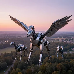 die welt von gestern, hyper complexity, highly detailed, cinematic lighting, drone view, pastel colored sunrise, robotic animals with metal wings, hyperrealistic, - n 9