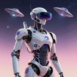 cyberpunk concept cool cyborg bot, cinema 4 d, galaxy, ufo, space sci - fi, wearing vr goggles, illustration, portrait, pastel neon textured background night, trending on artstation, greg rutkowski, octane rendered, 1 2 k, detailed,