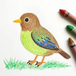 sketch on paper of a kiwi bird drawn by an eight year old kid with crayons