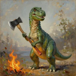 barney the dinosaur holding a fire axe, an oil painting by ross tran and thomas kincade