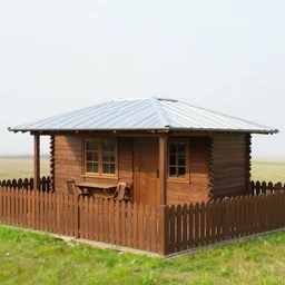 small wooden german garden house with a plastic roofed veranda, brown, wooden fence, rembrandt style painting, extremely wide angle