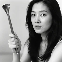stunning bw film photograph of ( ( ( ( lucy liu holding a plumbus ) ) ) ), closeup, aperture 1. 2