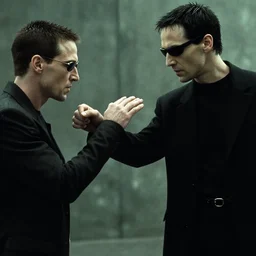 neo punches morpheus instead of choosing a pill, still from the matrix movie