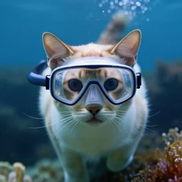 a cinematic cat with scuba mask underwater, front view, ultra realistic, canon, 3 5 mm, bokeh, coherent