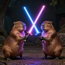 two capybaras having a lightsaber battle, hyperrealistic, award winning photography, experimental lighting, cinematic