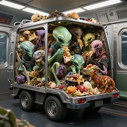 hyperrealistic poster from new scifi movie with subway garbage car full of different aliens eating old food, deep displacement, back light, reflections, raytracing, raymarching, subsurface scattering, by bernie wrightson, rendering in ostane, color grading by digital domain