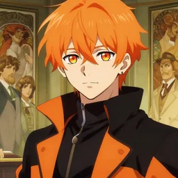 Anime Character close up, Orange Gradient Hair, black and orange coat, orange pupils, backroom background, art by Stanley Artgerm Lau , greg rutkowski, thomas kindkade, alphonse mucha, loish, norman rockwell