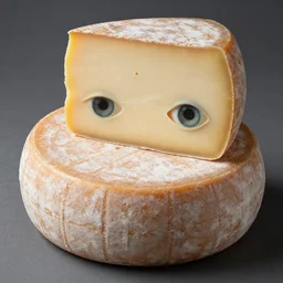 round aged cheese with human eyes