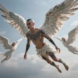 very attractive androgynous fallen angel with shaved head on one side and with tattoos on his body falling through the sky battling superior angels, beautiful, hd, high detailed, 4 k, art by da vinci, art by greg rutkowski