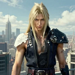 portrait Sephiroth wearing a cloud strife costume face head shoulders with ripped shredded physique stands atop a skyscraper vagrant story norman rockwell brad rigney frank frazetta winslow homer greg rutkowski