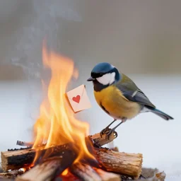 a small bird burning love letters on a fire